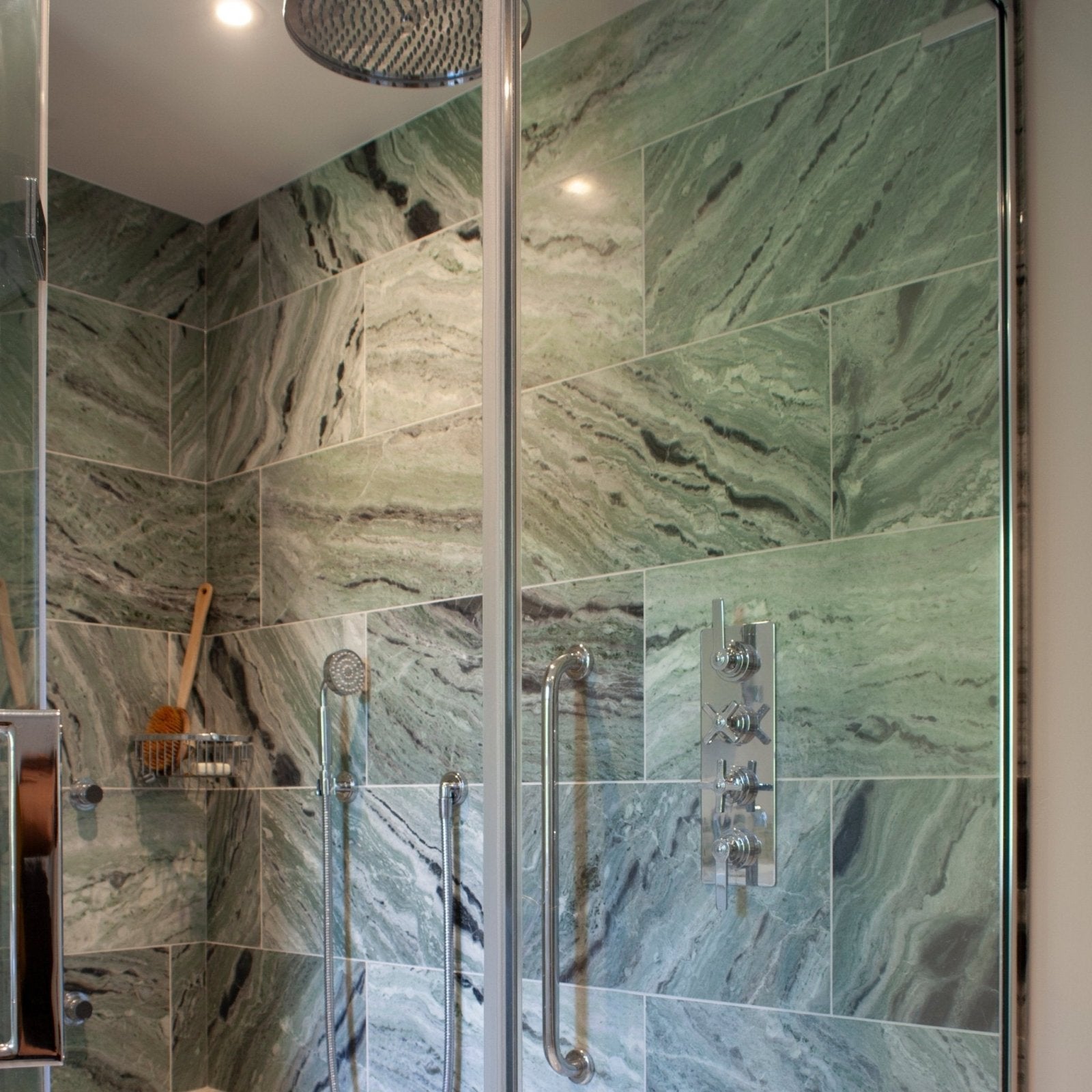 Seaspray Green Marble Tile 30 x 60cm green and white marble tile shower enclosure with chrome fixtures