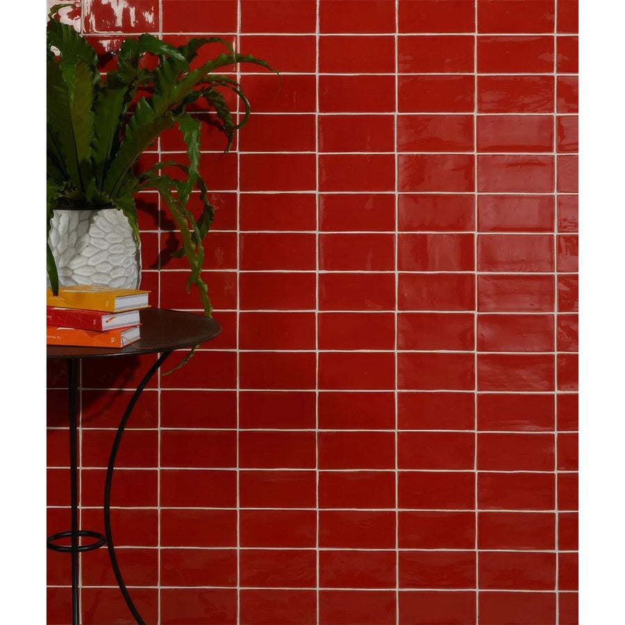 Seaton ceramic marmalade vibrant red glossy rectangular ceramic tiles with crisp white grout lines
