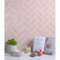 Pink herringbone ceramic subway tile backsplash from seaton ceramic pink sands collection for interior walls