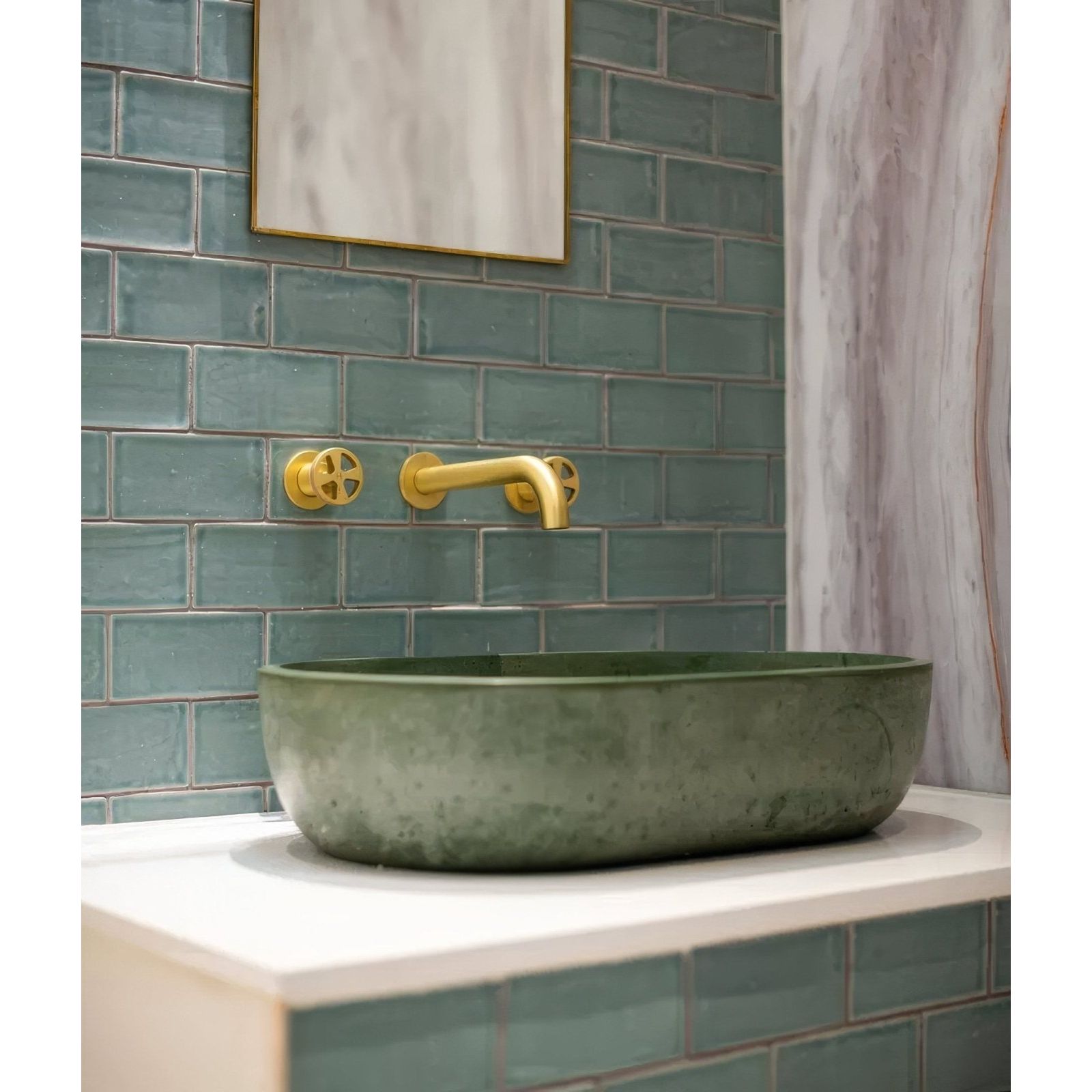 Seaton Ceramic Rock Pool olive-green ceramic vessel sink with matte textured finish for bathroom use
