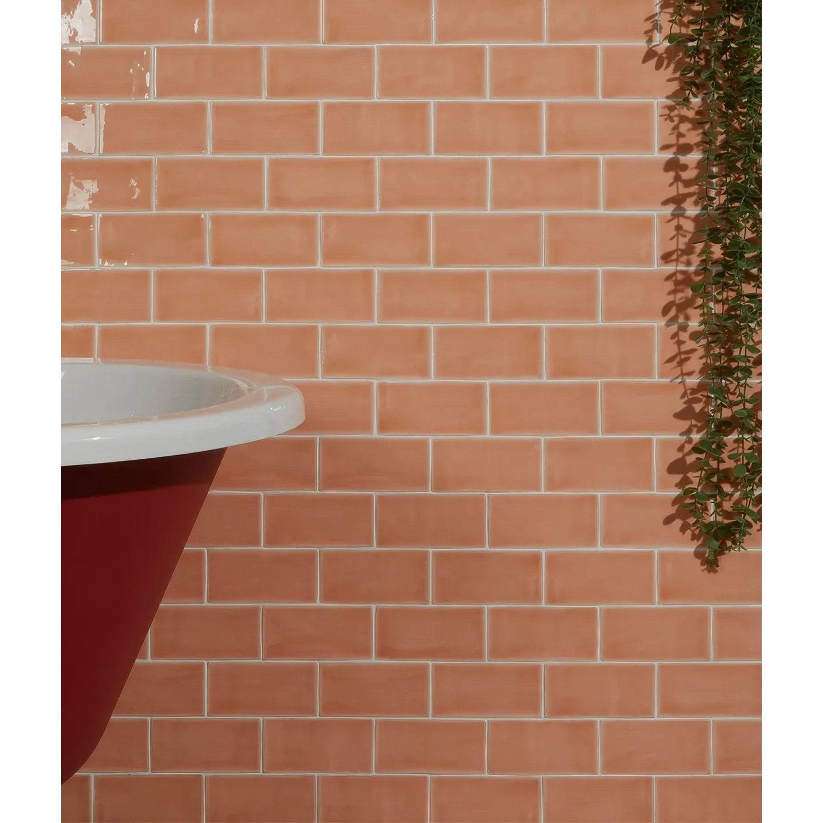 Seaton ceramic shrimp terracotta rectangular subway tiles with white grout for stylish wall design