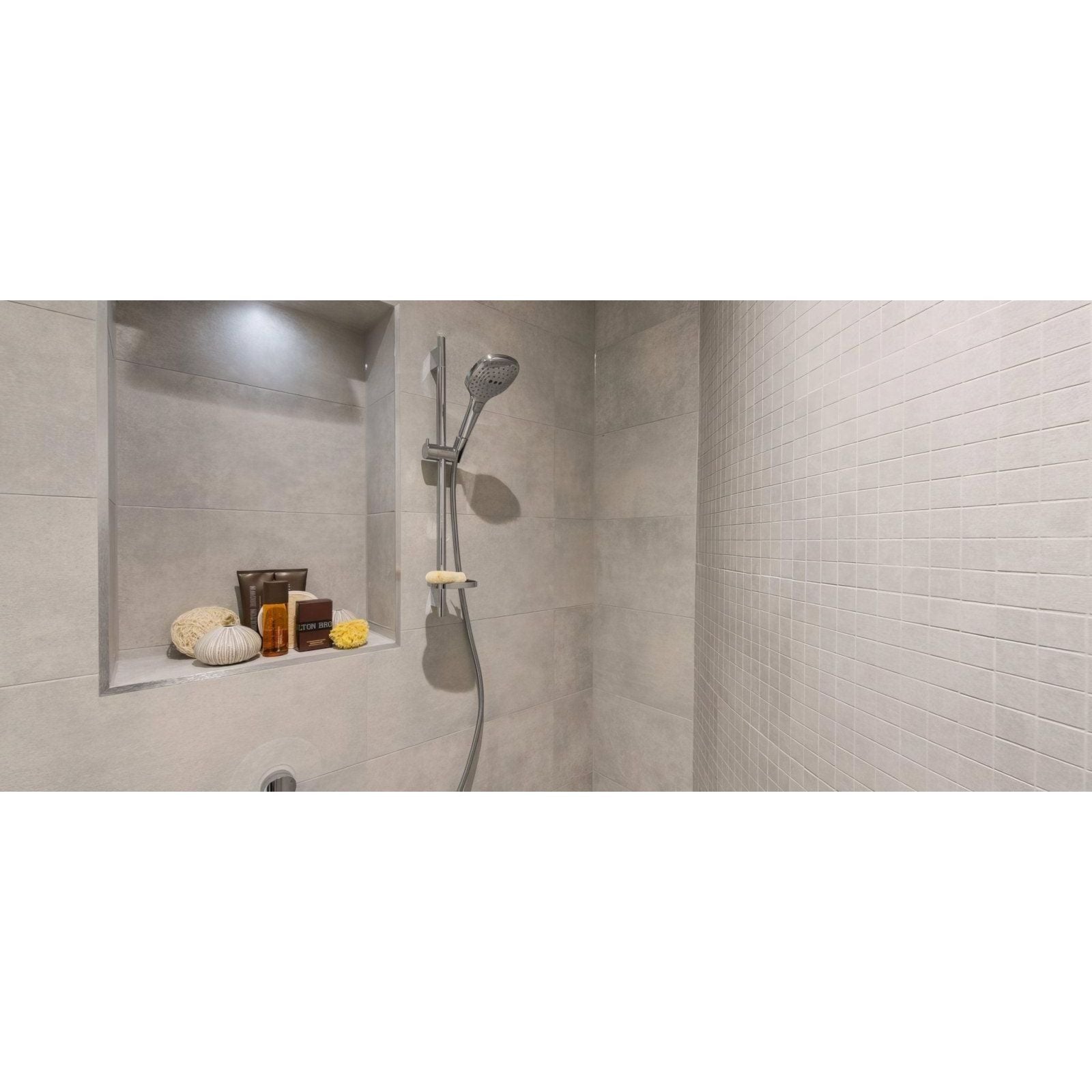 Select Nebbia Mosaic modern chrome-finished showerhead with sleek curved design mounted on adjustable arm