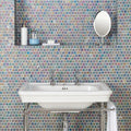 Serene Therapy Glass Mosaic iridescent green and purple glass mosaic with a white pedestal sink
