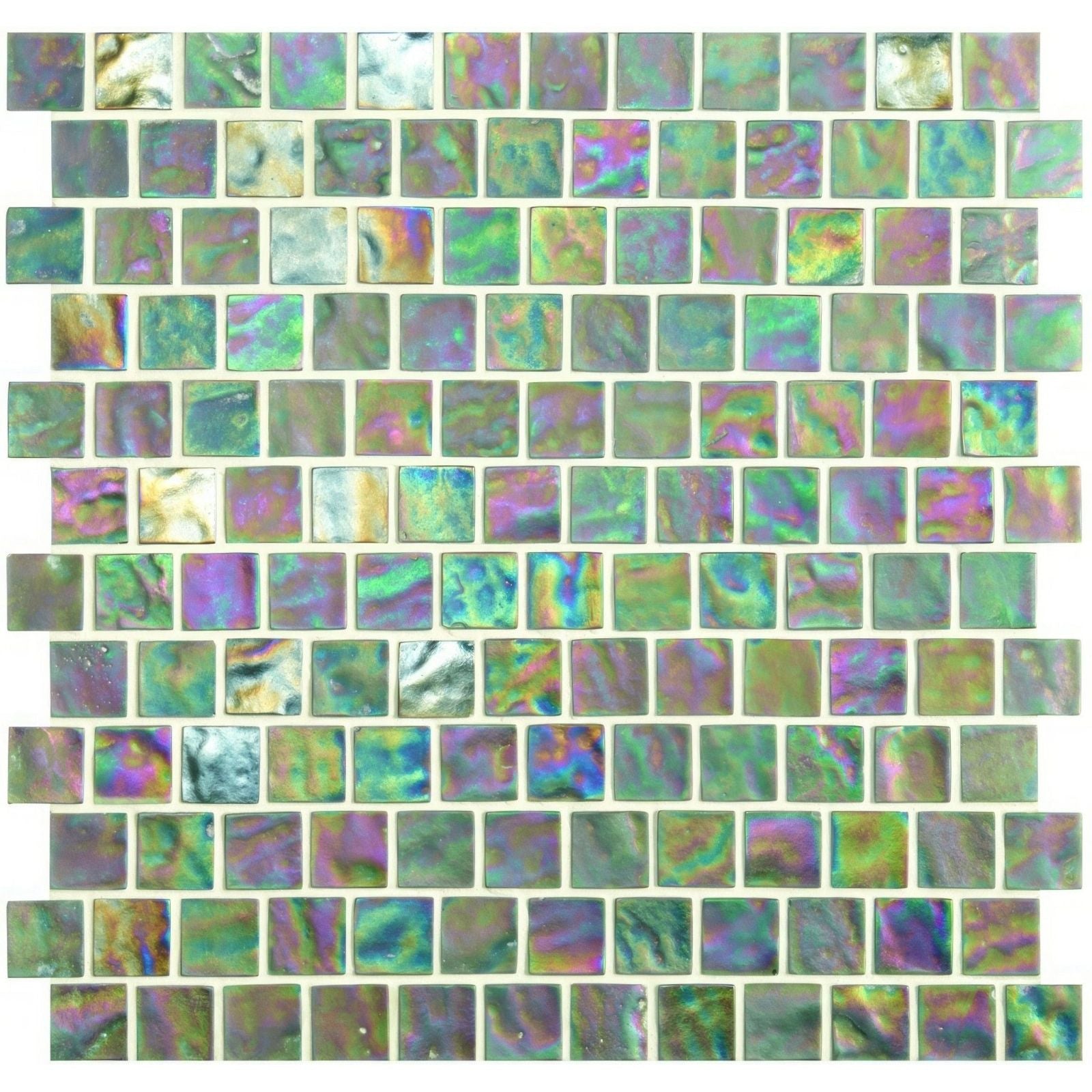 Serene therapy glass mosaic tiles with iridescent green and purple square pieces and a shimmering mother-of-pearl finish