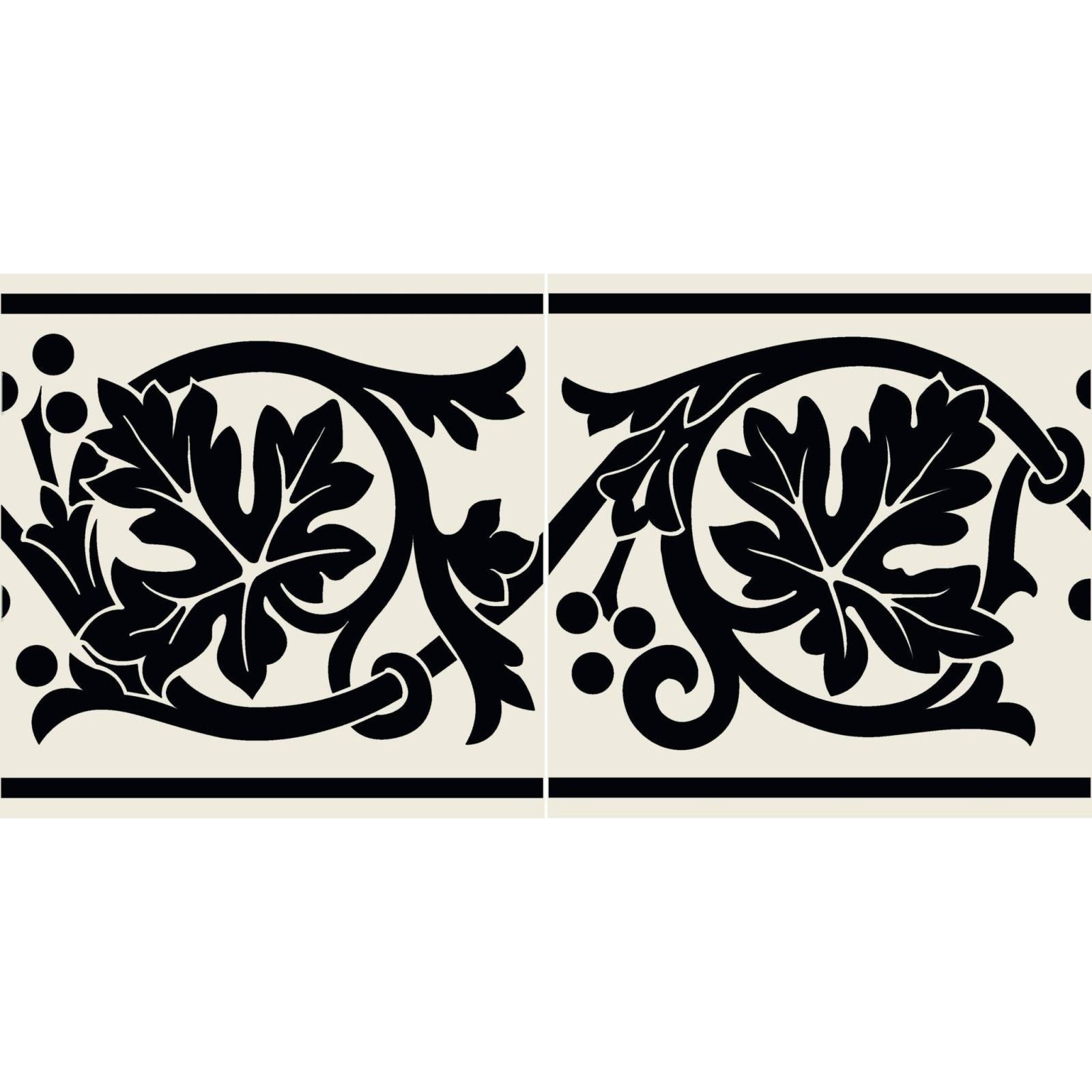 Shaftesbury 2 tile border black on dover white featuring black and cream decorative leafy vine patterns