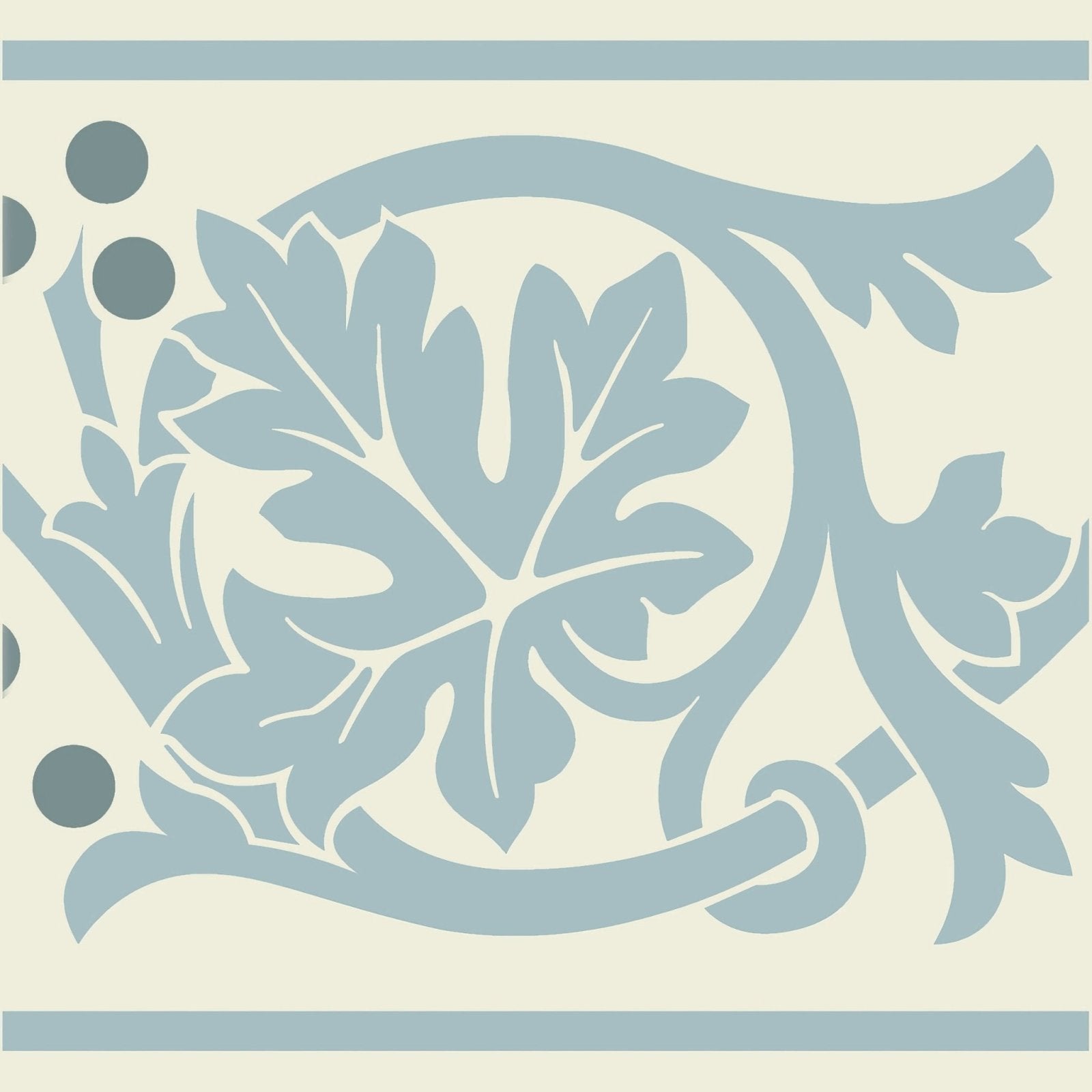 Shaftesbury 2 tile border grey with a delicate light blue floral stencil on a cream dover white background