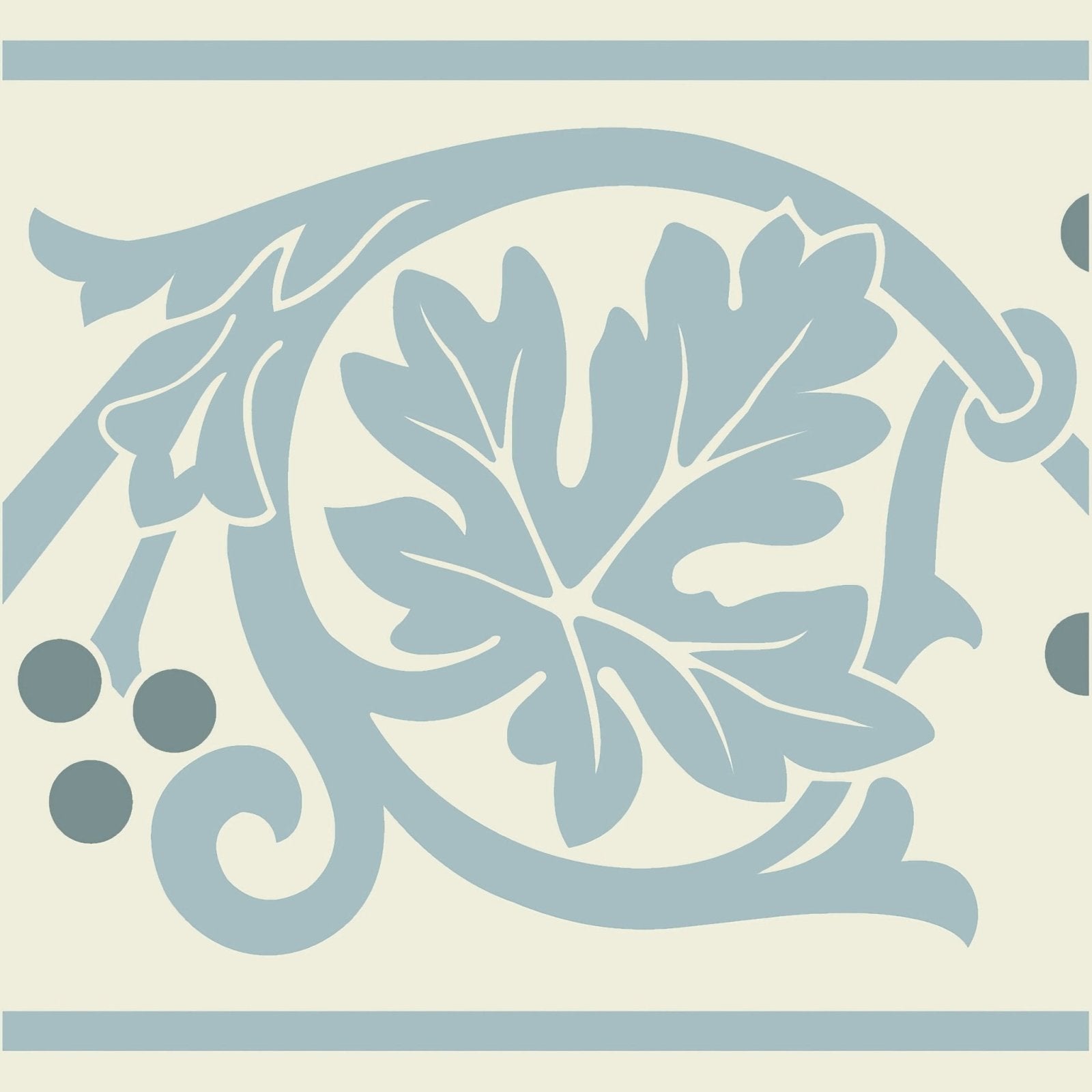 Shaftesbury 2 tile border grey on dover white features a delicate light blue leaf vine pattern with stylized grape clusters