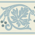 Shaftesbury 2 tile border grey on dover white features a delicate light blue leaf vine pattern with stylized grape clusters