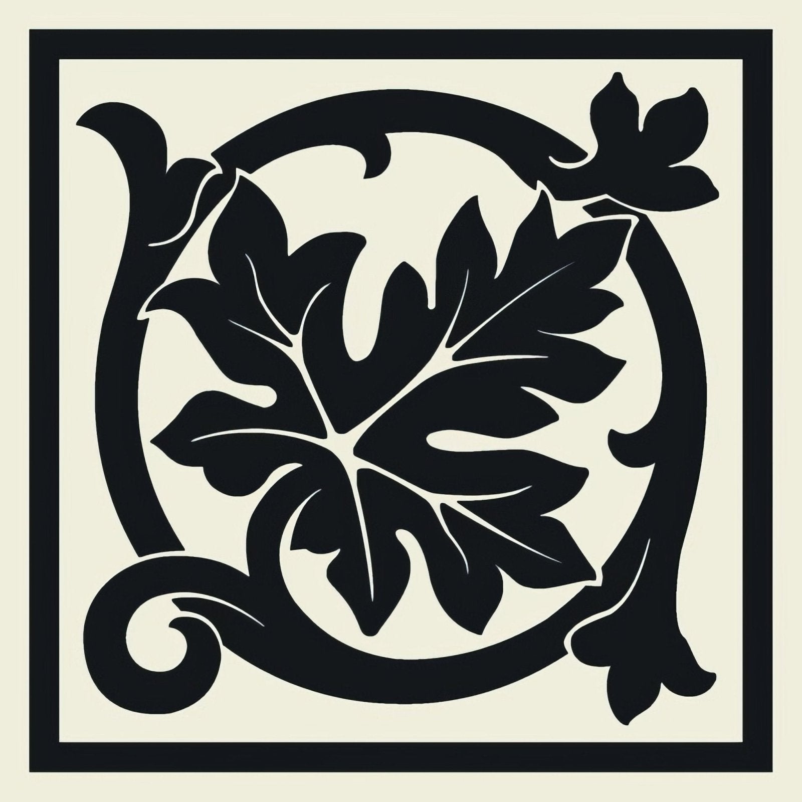 Black ornamental leaf design framed in a square border on shaftesbury corner black tile on dover white background