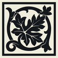 Black ornamental leaf design framed in a square border on shaftesbury corner black tile on dover white background