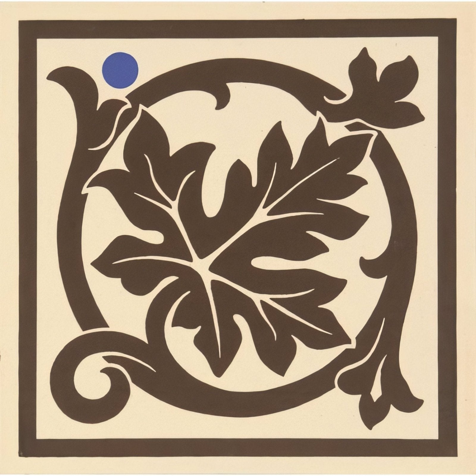 A square shaftesbury corner brown on white tile with ornate dark brown leaf motif swirling vines and blue dot accent