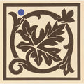 A square shaftesbury corner brown on white tile with ornate dark brown leaf motif swirling vines and blue dot accent