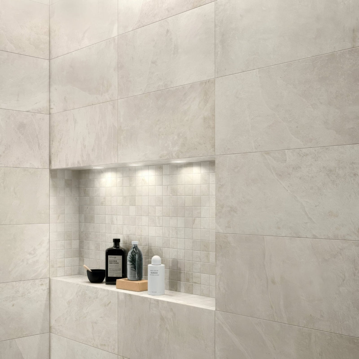 Beige shale white 60 x 120cm marble-effect wall tiles with subtle veining and a smooth glossy finish
