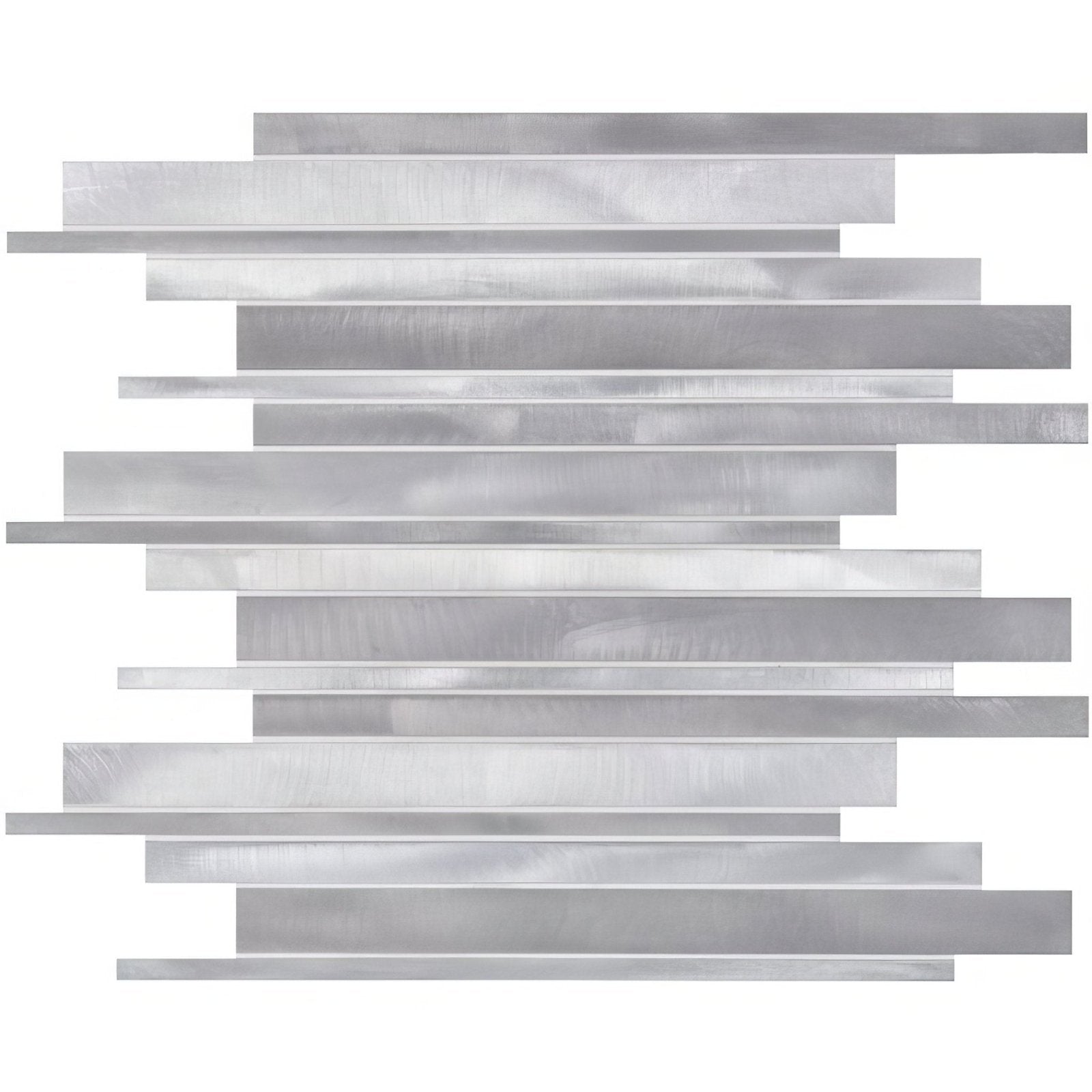 Shard metal mosaic silver metallic rectangular tile with brushed finish in staggered horizontal arrangement