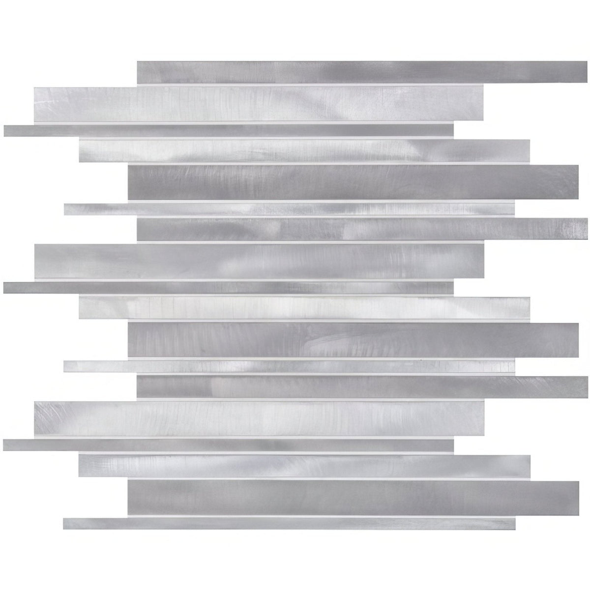 Shard metal mosaic silver metallic rectangular tile with brushed finish in staggered horizontal arrangement