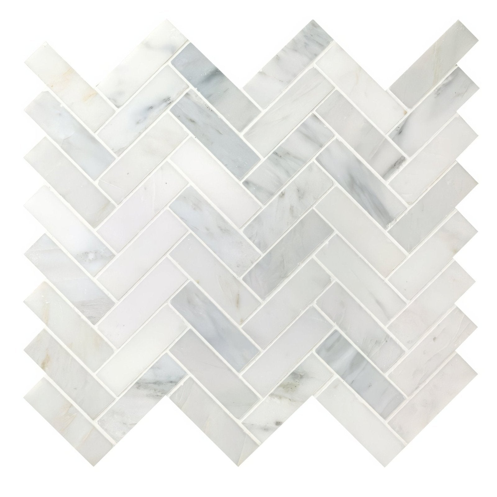 White marble mosaic tiles in a herringbone pattern from east hampton shelter island marble mosaic collection