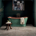 A sherwood oak 80 x 80cm vintage-style copper bathtub with verdigris patina and ornate brass fixtures