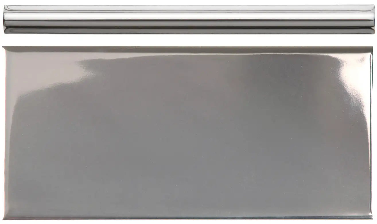 Shiny stainless steel rectangular baking sheet with a rolled edge handle.