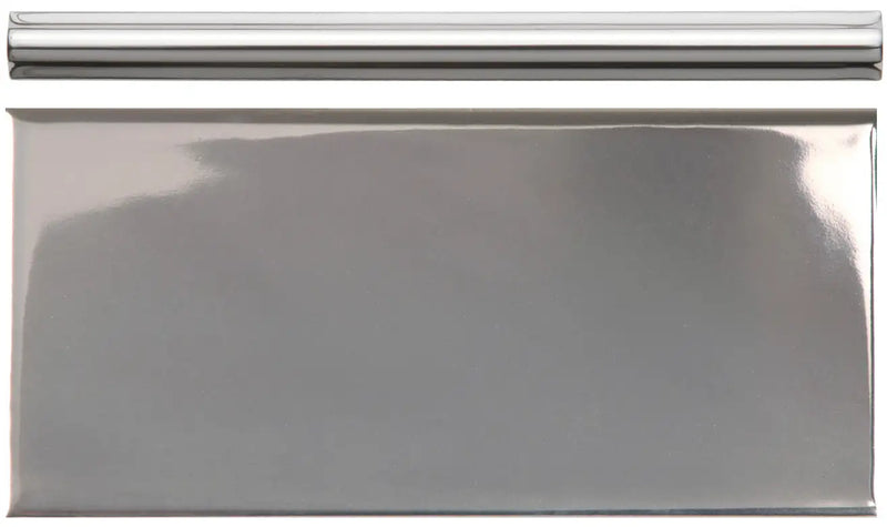 Shiny stainless steel rectangular baking sheet with a rolled edge handle.