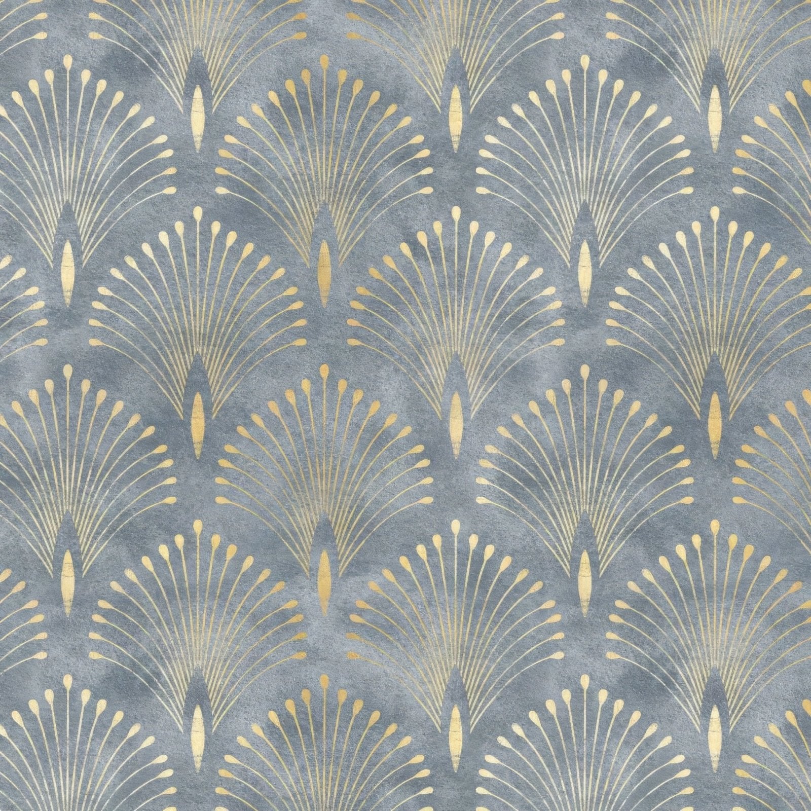 Shower panel art deco peacock featuring gray wallpaper with repeating gold fan-shaped art deco motifs