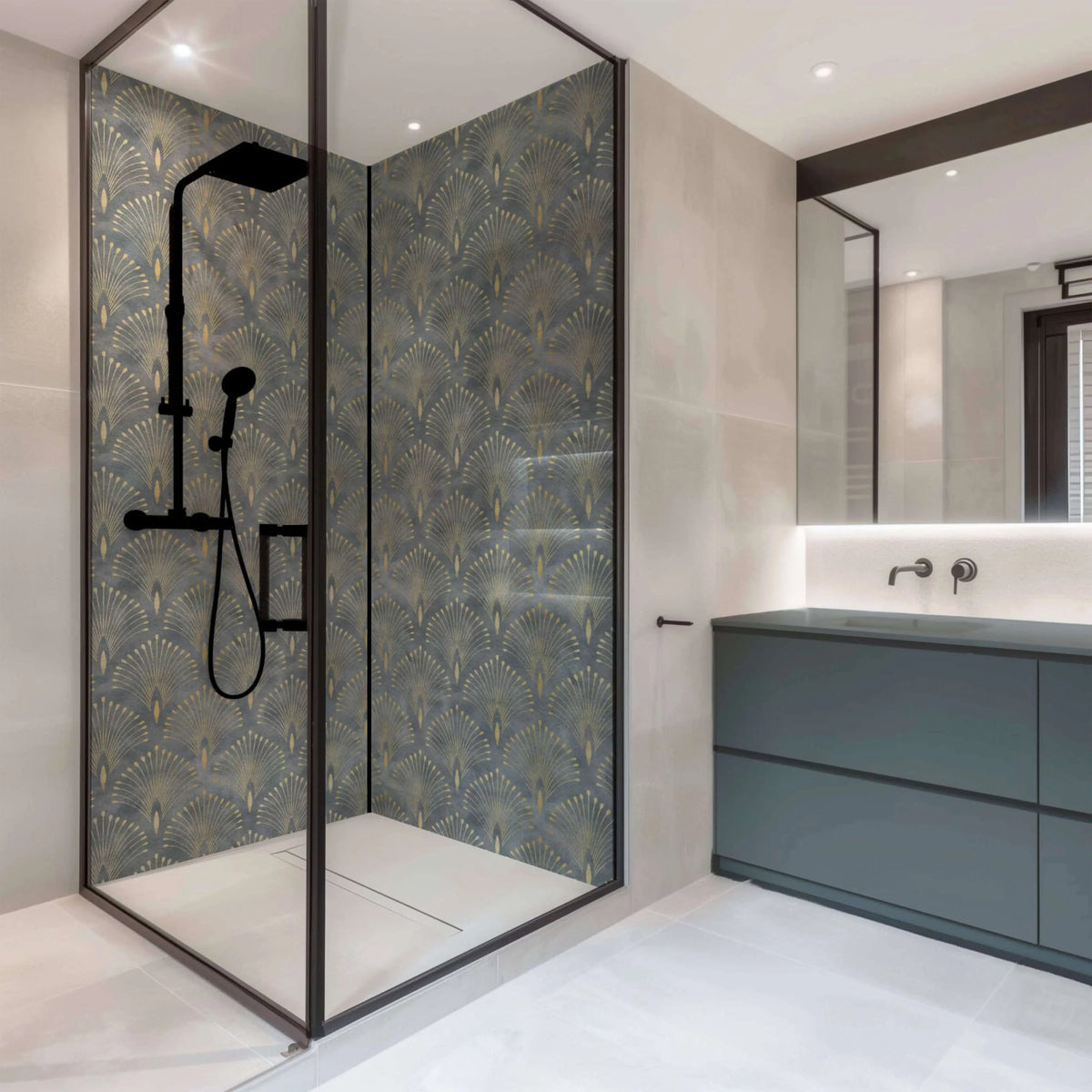 Black showerhead with sleek modern design mounted on matching black handheld shower system in shower panel art deco peacock