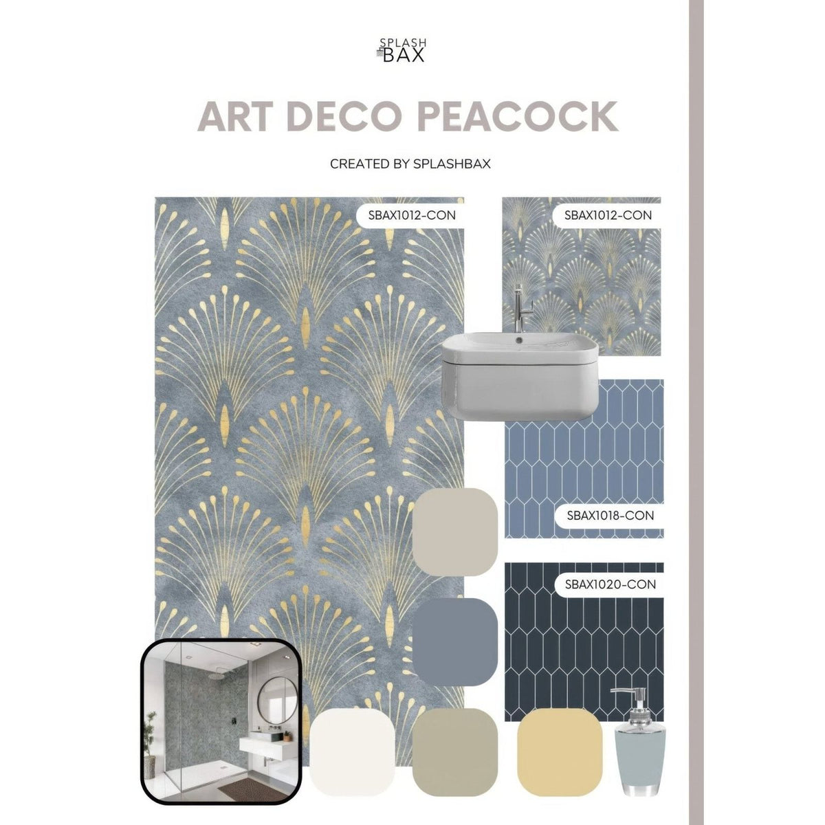 Shower panel art deco peacock with sophisticated gray and gold feather pattern wallpaper design
