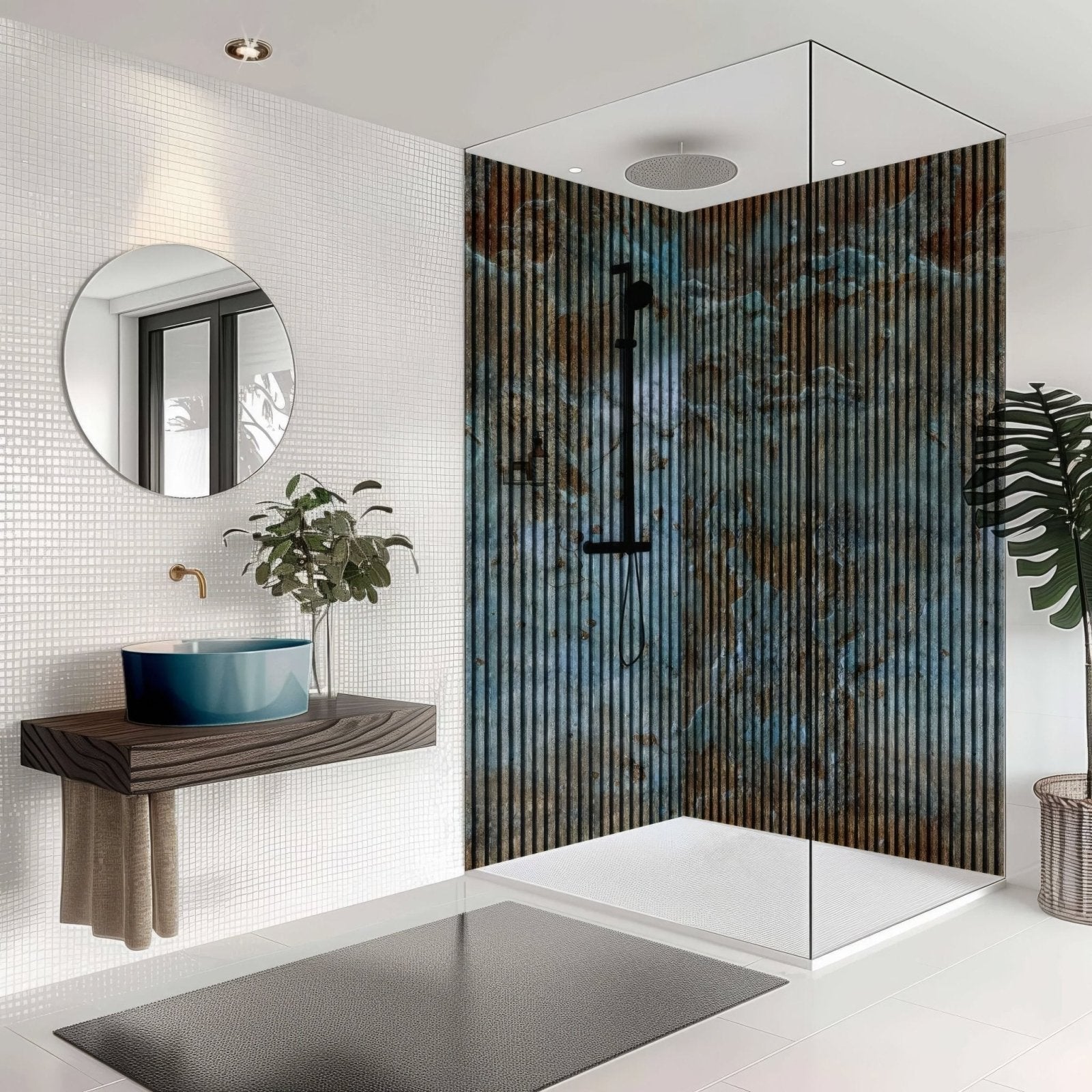 The shower panel blue concrete slat wall features a glass door with vertical black stripes and a blue brown marble pattern