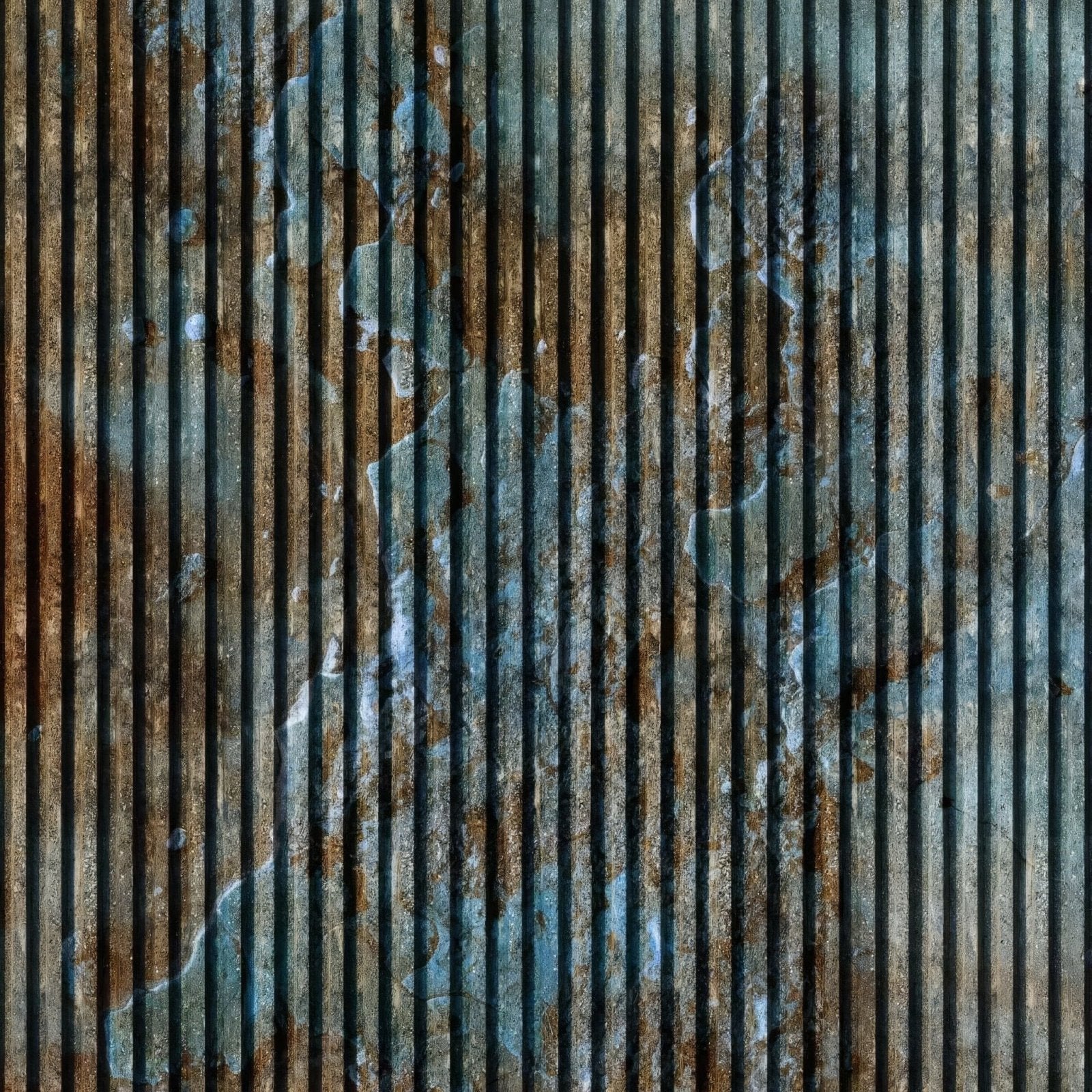 Shower panel blue concrete slat wall with vertical ridged corrugated metal showing rust and blue green patina
