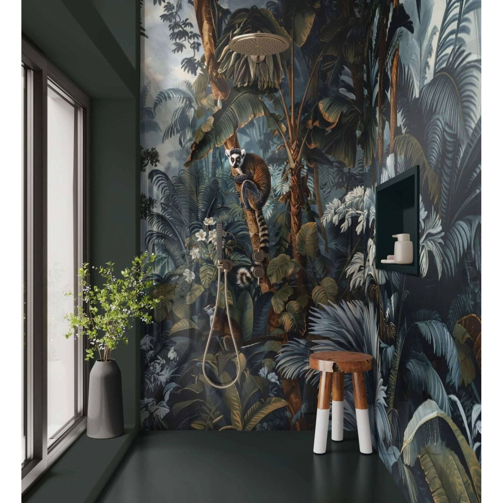 Dark jungle-themed shower panel blue jungle with detailed lemur illustration in rich greens and browns on navy background