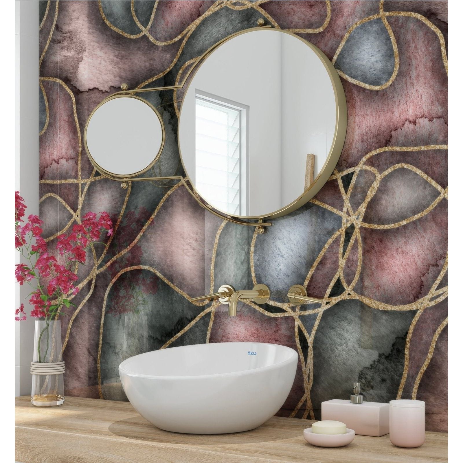 White ceramic vessel sink with sleek oval shape and smooth surface for blush gold curves shower panel