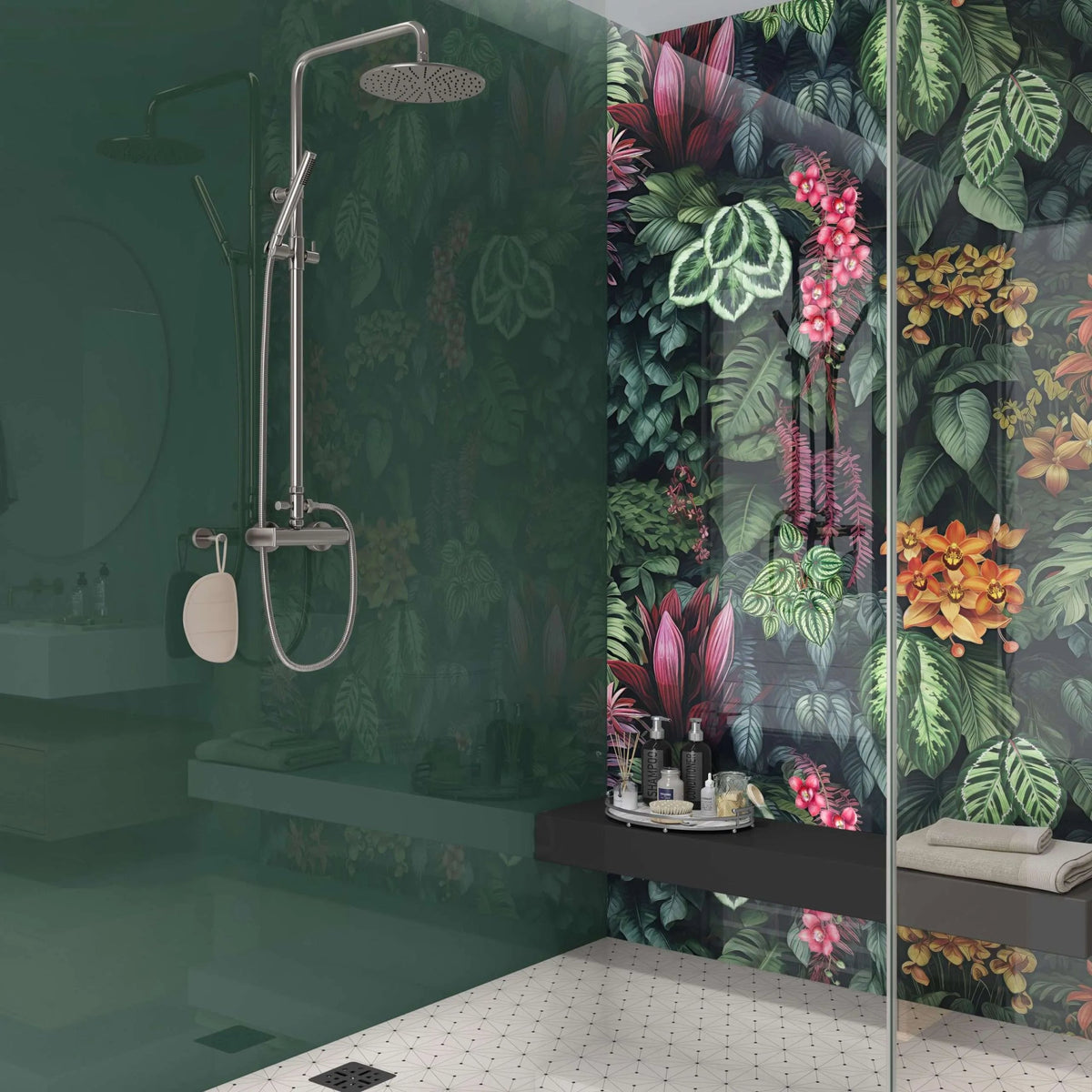 Shower panel botanical plant featuring a sleek modern chrome showerhead with an ornate circular design