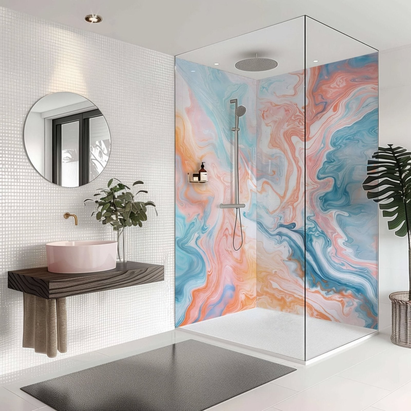 Shower panel candy floss marble with glass door featuring vibrant swirling abstract patterns in blue pink and orange