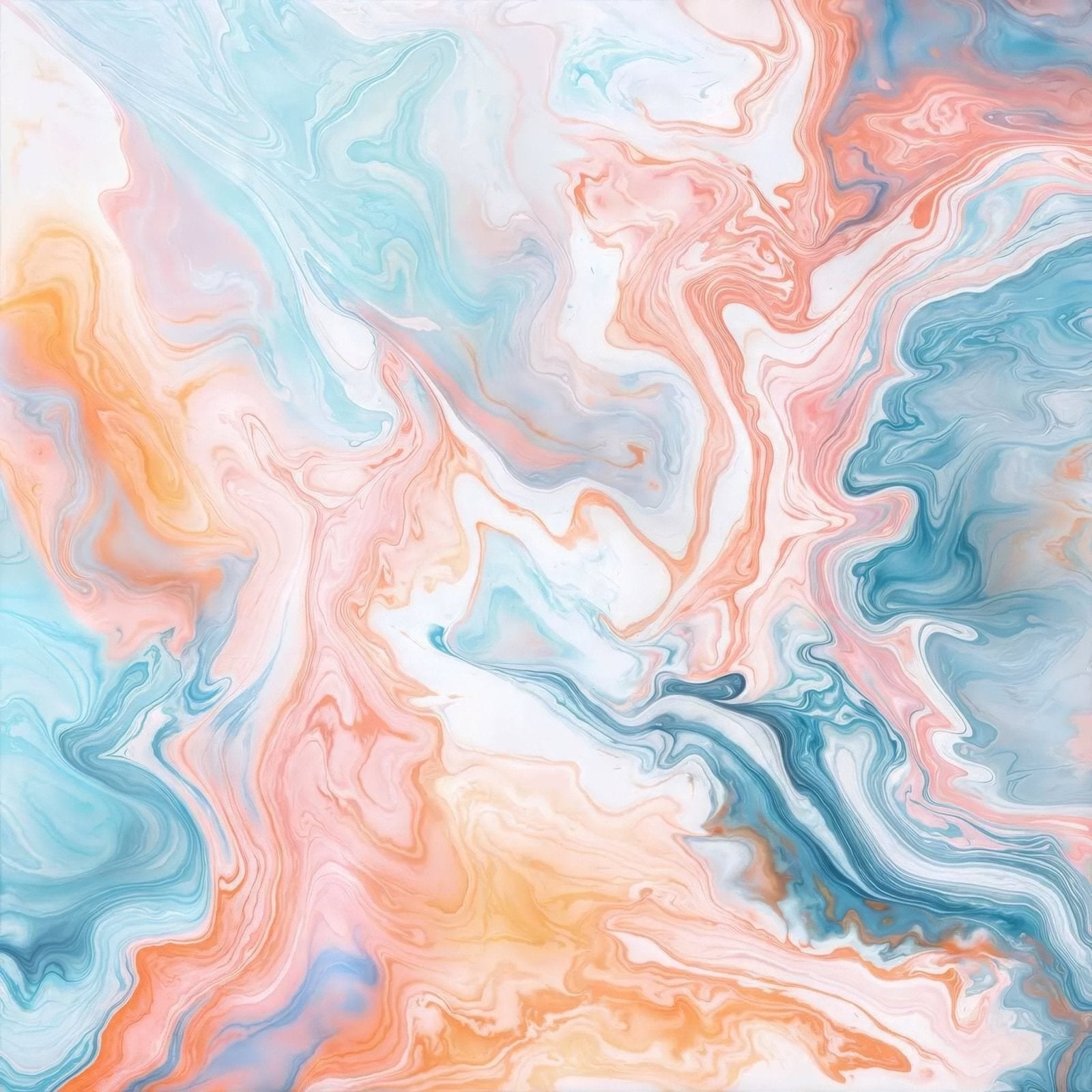 A shower panel candy floss marble featuring fluid abstract pastel blue peach and white swirling paint patterns