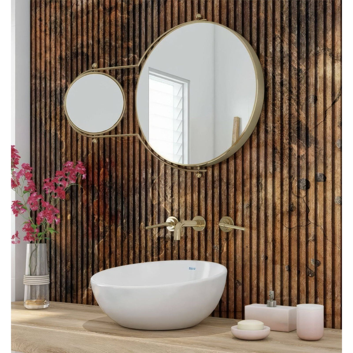 White ceramic vessel sink with sleek oval shape and subtle blue branding on rim for shower panel copper concrete slat wall