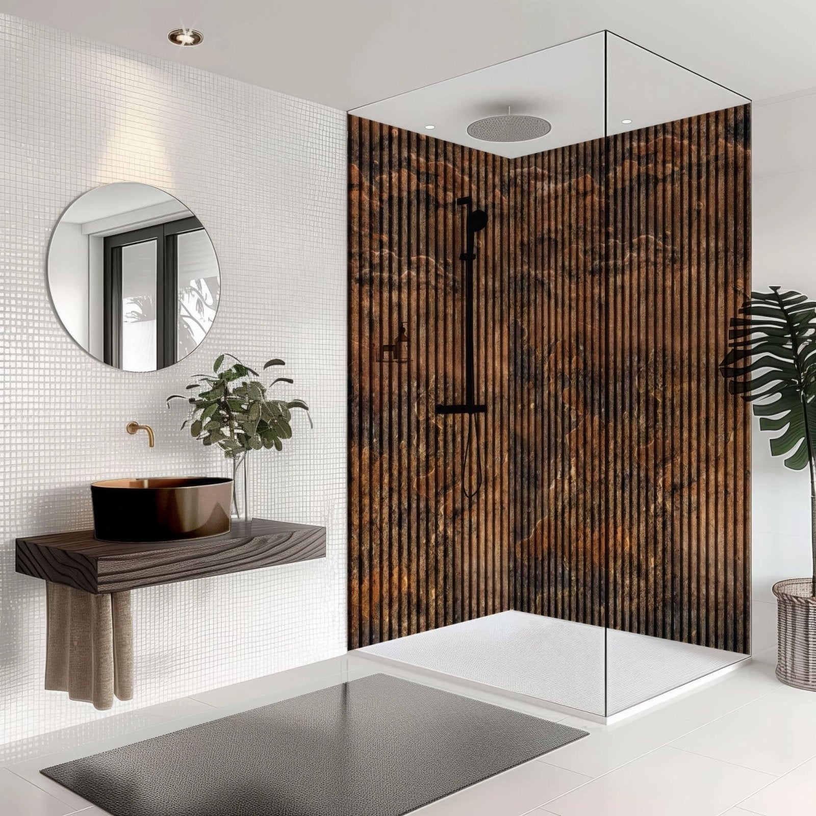 Black ceramic vessel sink with matte finish mounted on floating wooden vanity in shower panel copper concrete slat wall setup