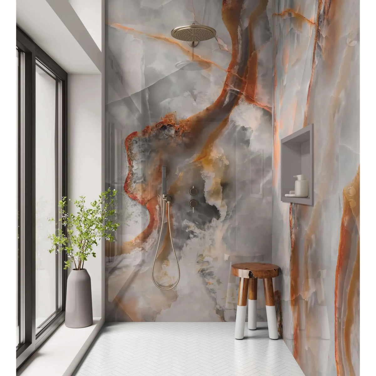 Shower Panel Copper Marble grey and copper marble-effect shower panel with a metallic showerhead