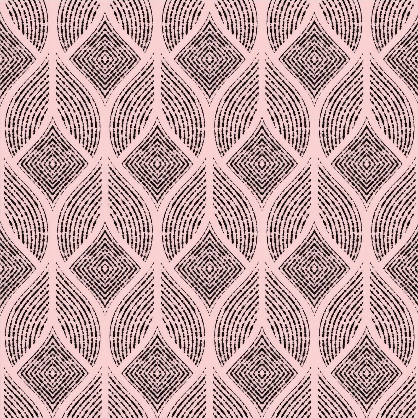 Shower panel geometric abstract pink featuring a pink fabric with a black diamond and teardrop pattern