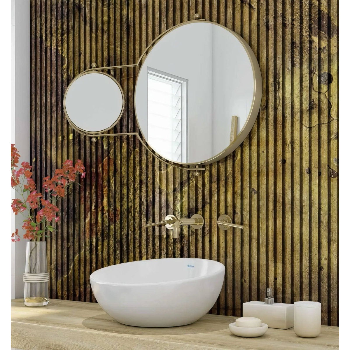 Shower panel with gold concrete slat effect featuring gold-framed circular mirrors on a textured striped wall