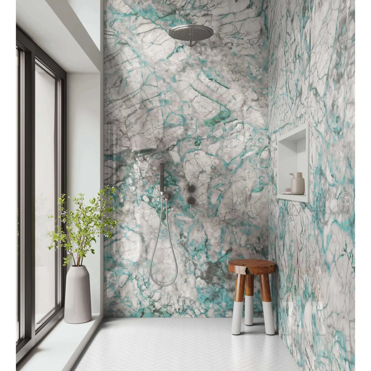 Shower panel green marble with a sleek circular chrome showerhead featuring a textured surface and integrated spray nozzles