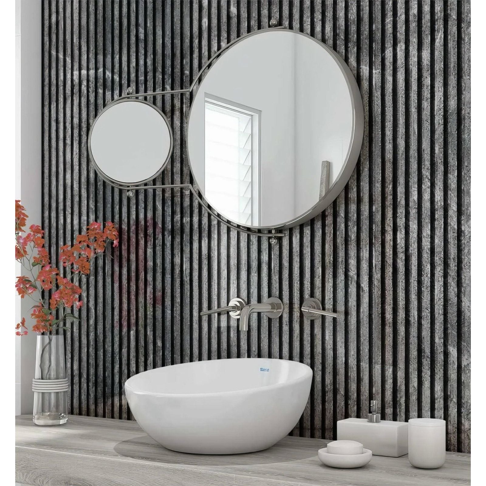 Silver-framed circular wall-mounted mirrors with sleek modern design featured on shower panel grey concrete slat effect