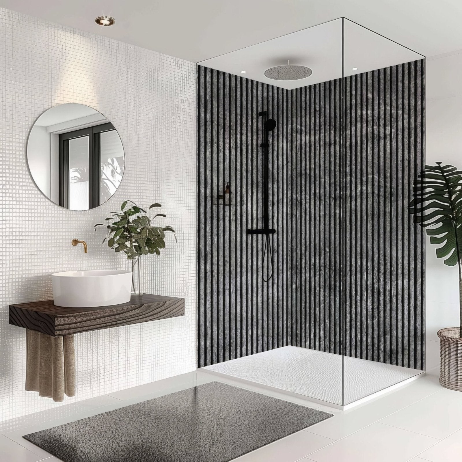 Black vertical-striped shower enclosure with grey concrete slat effect and minimalist hardware in modern design