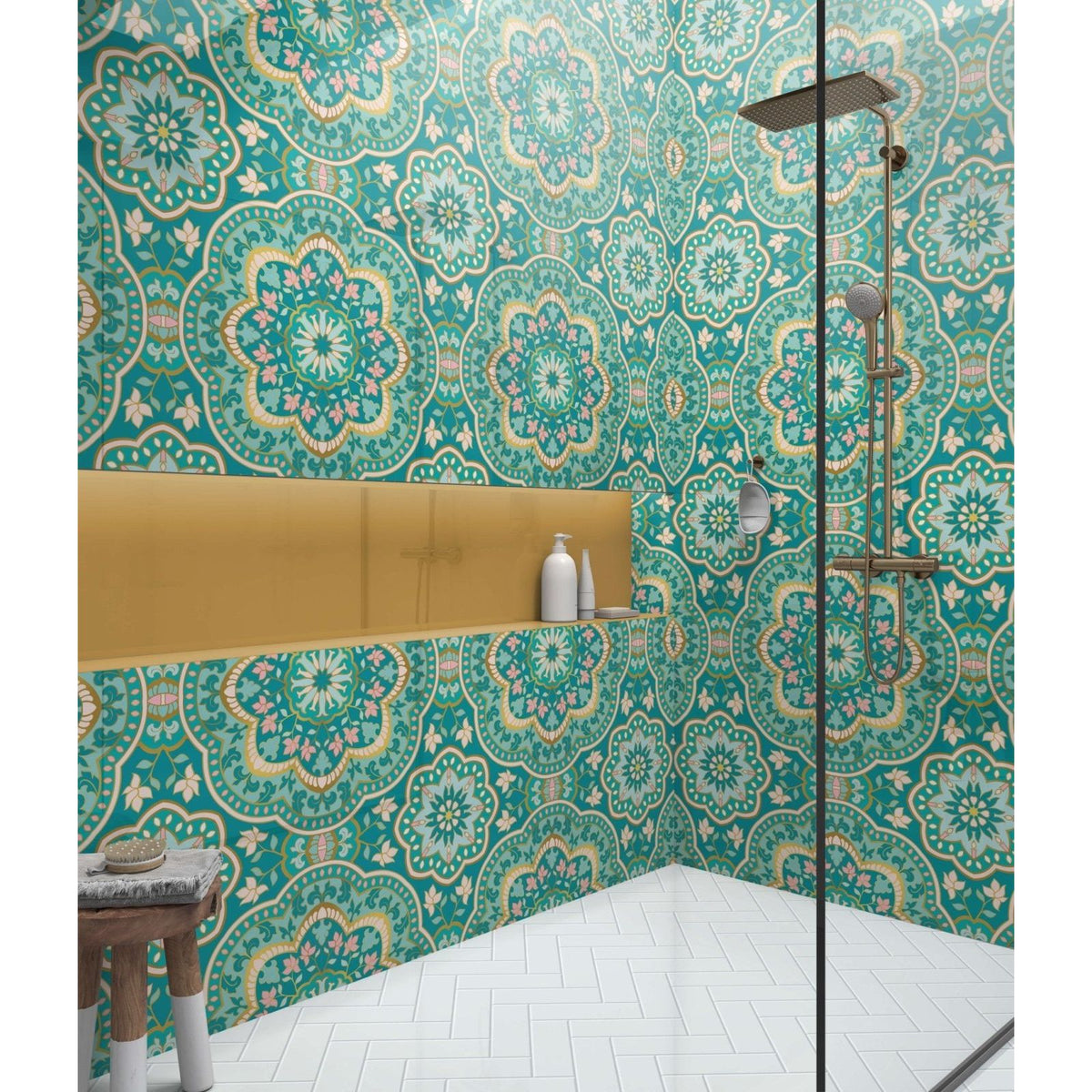 Shower panel with vibrant teal and gold mandala patterned ceramic tiles featuring intricate indian floral designs