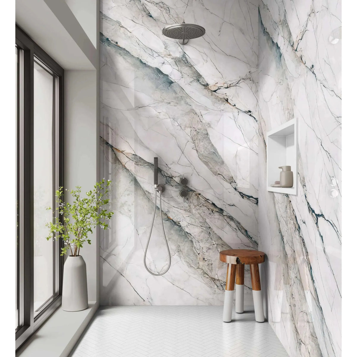 A sleek modern shower panel lamura veined marble with a brushed metallic circular showerhead design
