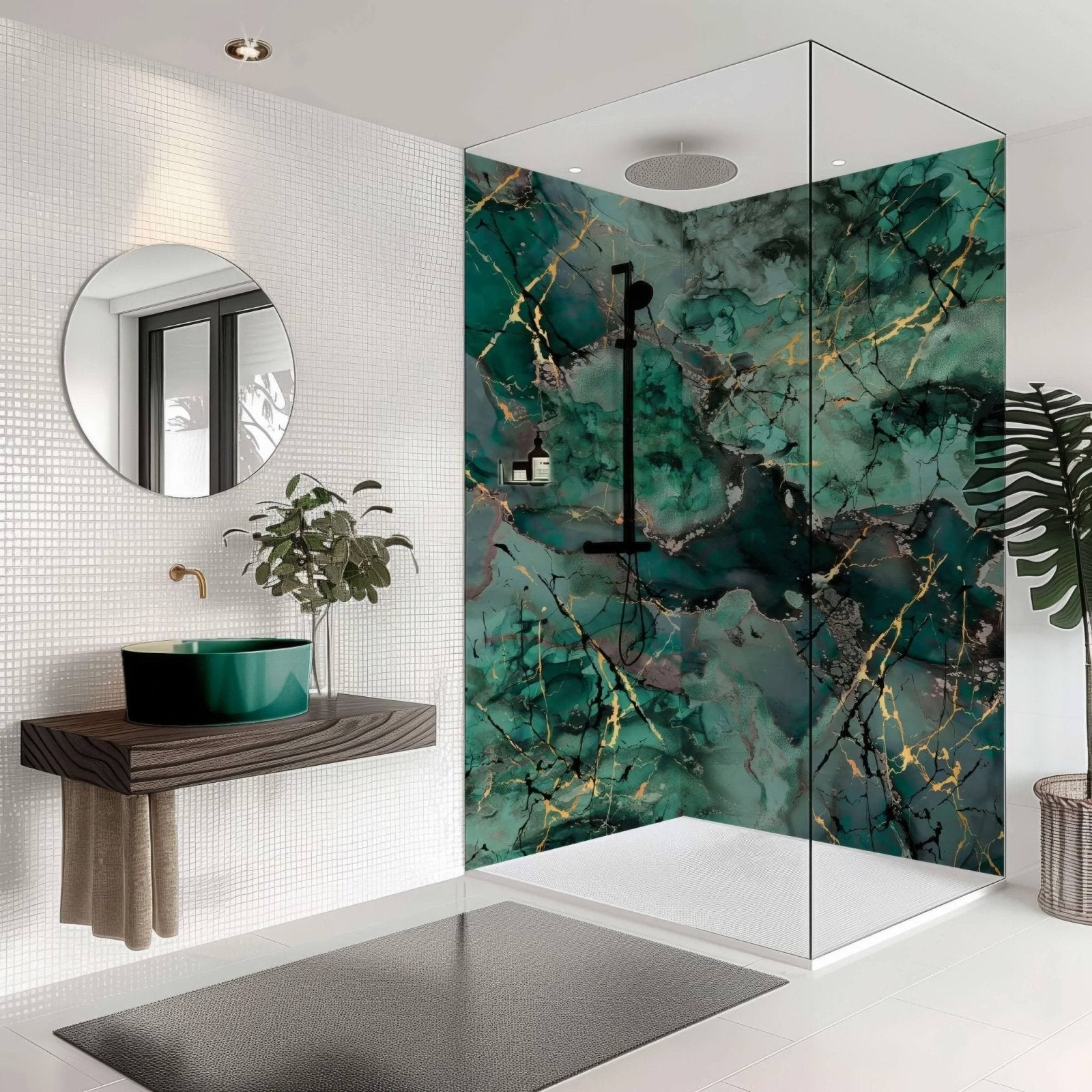 Shower panel liquid marble teal with emerald green and gold marble-patterned glass for elegant shower enclosures