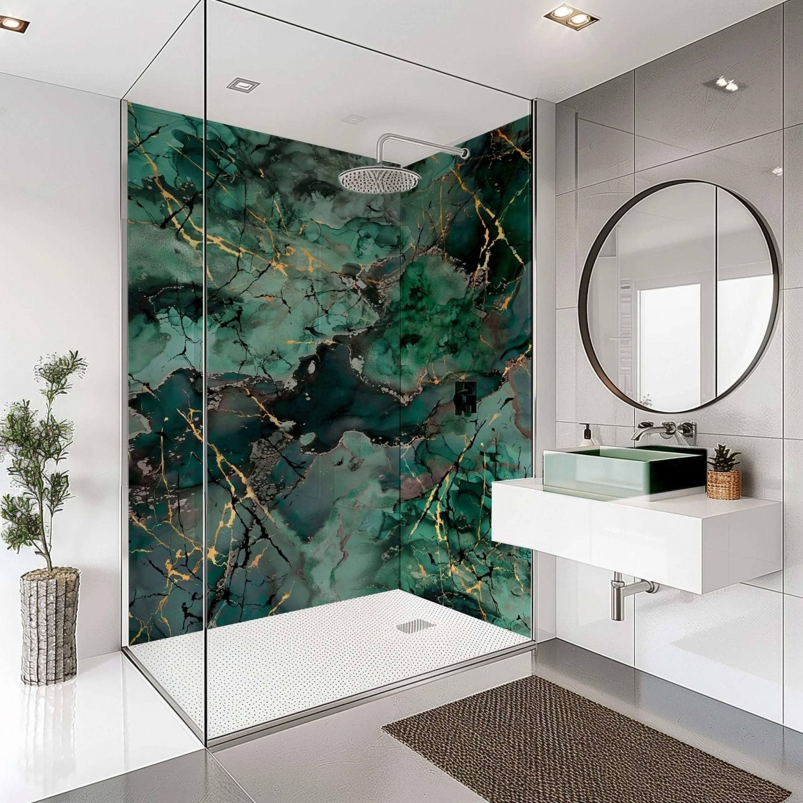 Shower panel liquid marble teal featuring emerald green and gold marble patterned glass shower enclosure