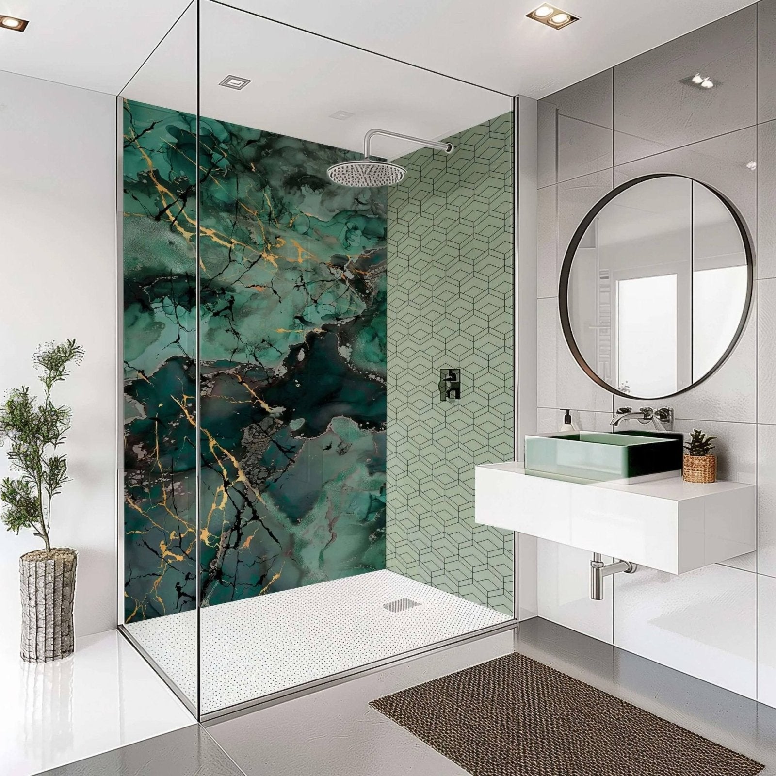 Emerald green and gold marble patterned shower panel glass in liquid marble teal design for bathroom enclosure