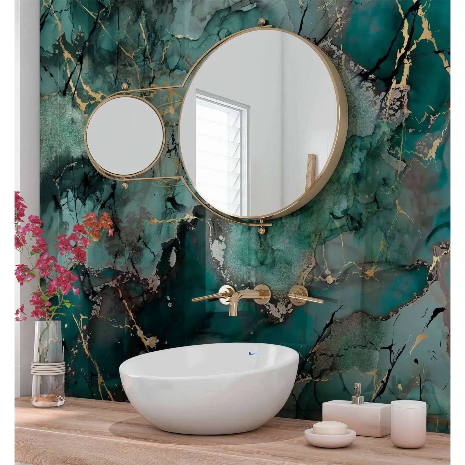 Shower Panel Liquid Marble Teal emerald green and gold marble-effect shower panel with a vessel sink