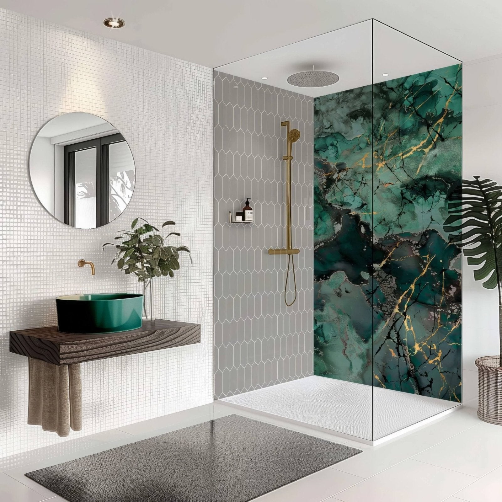Emerald green and gold marble patterned glass shower panel for liquid marble teal shower enclosure