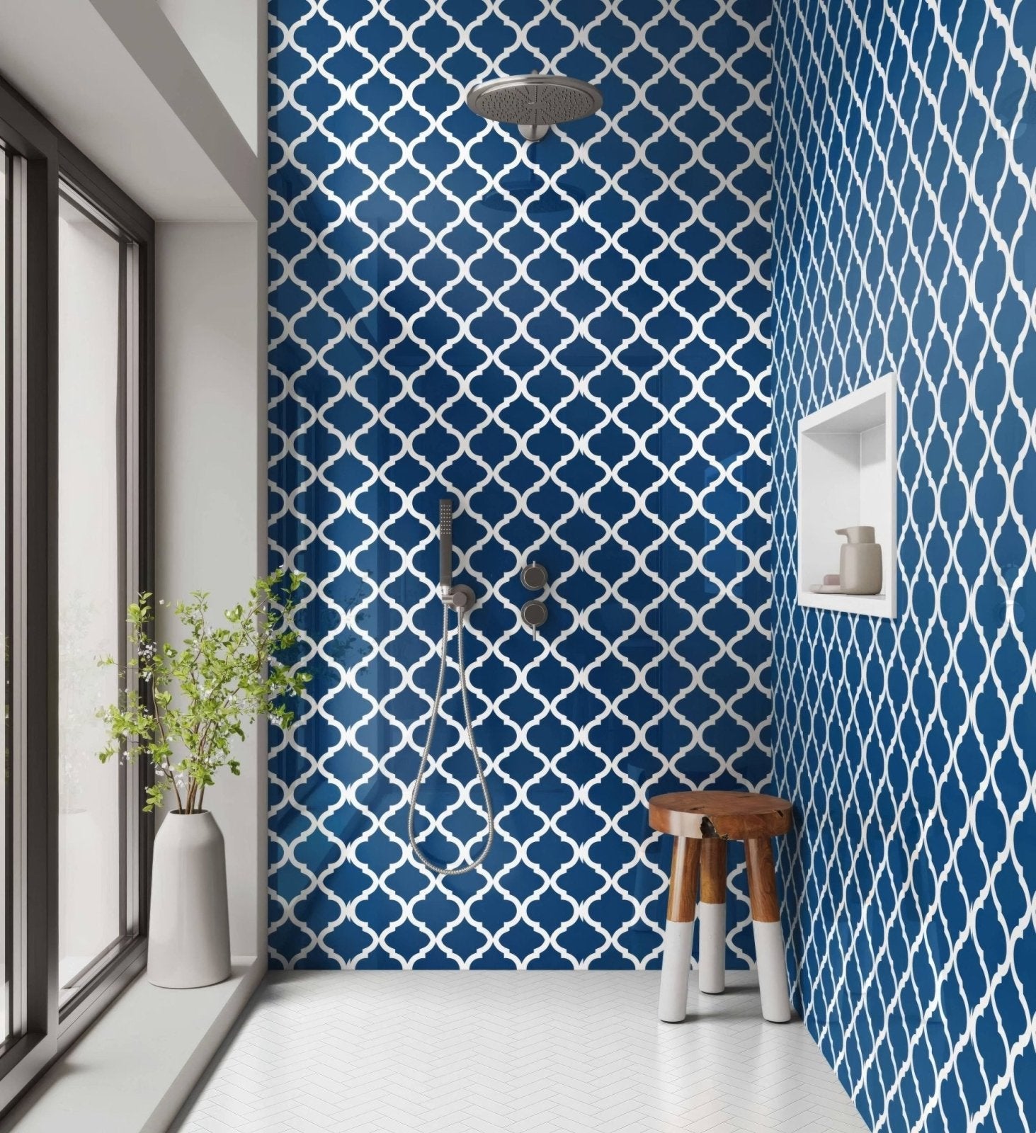 Shower Panel Navy White Quatrefoil