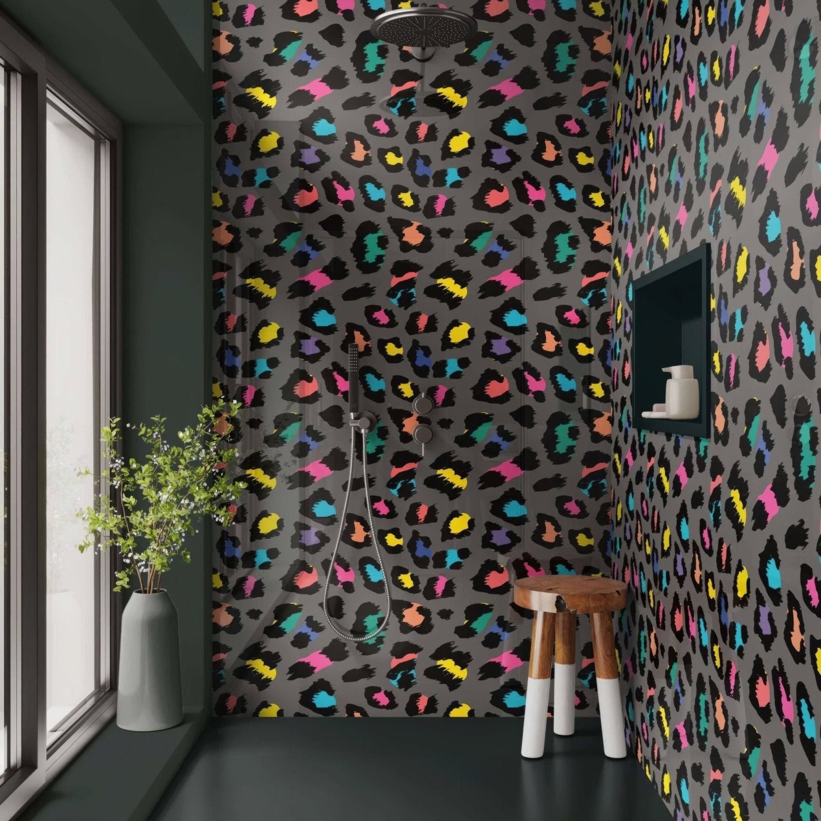 Shower panel neon leopard with vibrant multicolored neon leopard print and bold black spots for bathroom walls